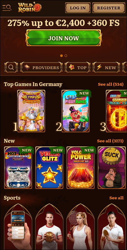 Wild Robin casinospellen op een mobiel apparaat met slots en live dealer